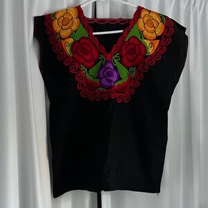 Oaxacan Vibrant Floral Embroidered Black Blouse